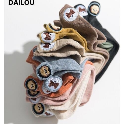 Animal Dog Embroidery Women Socks Japanese Candy Color Cute Cartoon Anime Ankle Socks Summer Happy Funny Cotton Socks Girls