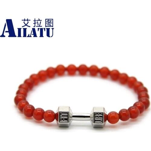 Ailatu Sport Lady Fashion Energy Jewelry Natural 6mm Red Stone Beads with Alloy Metal Fitness Dumbbell Bracelet