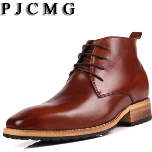 PJCMG New Mens High Genuine Leather Elevator 8 CM Brogue Wedding Office Ankle Boots Lace-Up Male Boots Footwear Botas Hombre