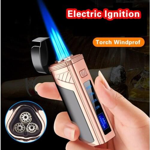 Torch Lighter with Punch Electric Ignition Triple Flame Jet Lighters Inflatable Touch Sensing Windproof Power Display Creative