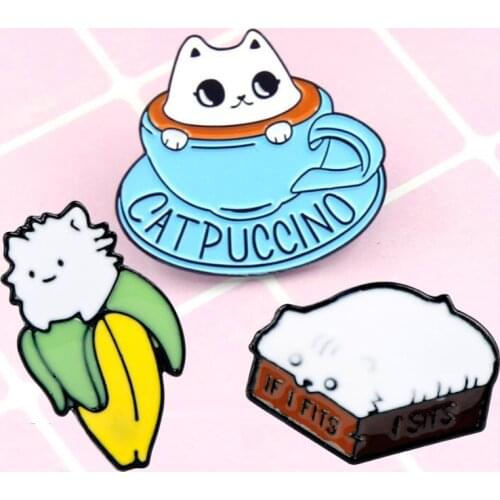 1 pc Cute cup Cat Brooch Enamel pin Animal Brooches pins clothes for women Accessories Badges broche Gift
