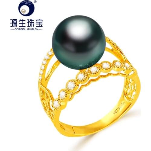 [YS] Real 18k Gold Pearl Engagement Ring 10-11mm Black Natural Cultured Tahitian Pearl Ring