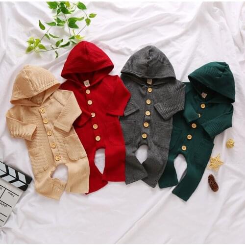 Emmababy 0-18months Newborn Baby Boys Girls Romper Long Sleeve Hooded Knitted Jumpsuit Pocket Solid Color Playsuit for Boy Girl