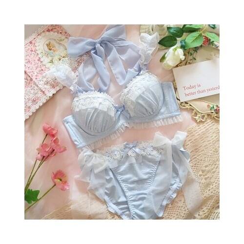 2021 Underwear Set Cute Ruffle Bowknot Bandage Push-Ups Lingerie Womens Bra & Brief Set Soft Sister Fresh Lolita Lace Trim Blue