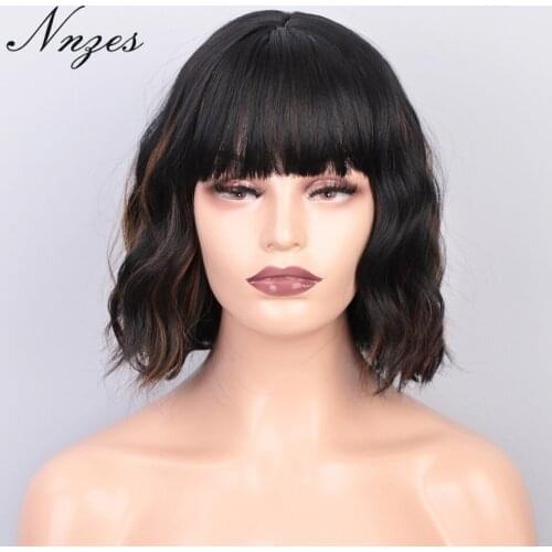 NNZES 12inches Natural Wave Short Wig With Bangs Mixed Black and Red Wig Heat Resistant Fiber Synthetic Wigs for Black Women