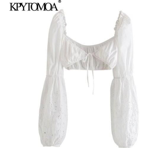 KPYTOMOA Women 2021 Sexy Fashion Hollow Out Embroidery Crop Blouses Vintage Lantern Sleeve Elastic Trims Female Shirts Chic Tops