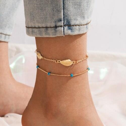 Docona Bohemia Multilayer Shell Seed Anklets Set for Women Charming Blue Seed Beaded Girls Party Jewelry Wholesale Gift C11209
