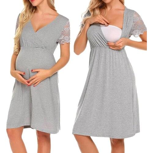 Fashion Maternity Clothes Womens Nursing Nightgown Pregnancy Dress Lace Splice Maternity Dress red gray Maternity Pajamas Large