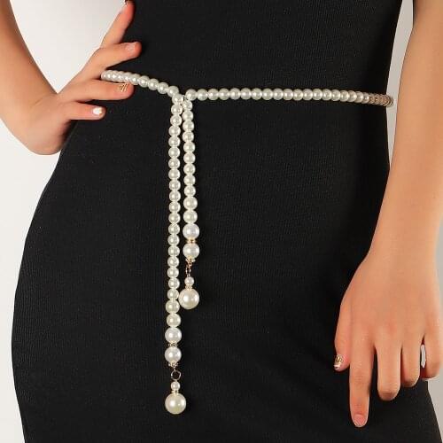 Fashion Women Pearl Waist Chain Small Bowknot Leaf Flower Pearl Buckle Thin Belt All-Match Ladies Dress Apparel Waistband