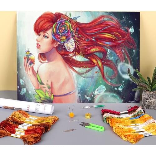 Cartoon Girl Woman Printed Water-Soluble Canvas 11CT Cross-Stitch Kit Embroidery DMC Threads Handmade Painting Craft Floss