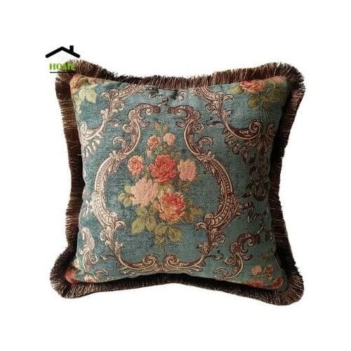 Luxurious Vintage Dark Green Traditional Floral Chenille Decorative Cushion Cover French Rose Style Pillow Case 45x45 cm