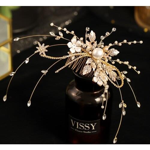Hand-woven gold leaf crystal hair with comb earrings for bridal wedding ornaments EA