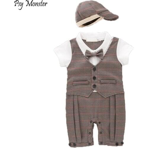 Baby Boys Hat + Fake Vest Waistcoat Romper Gentleman Infant Gentleman Jumpsuits Wedding Tuxedo Suit 2 Pcs Clothing Set A14
