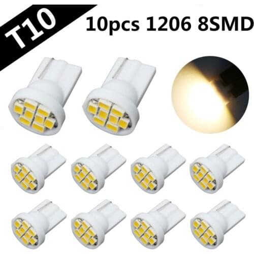 10pcs T10 W5W LED 1206 SMD 8 LED Bulbs Warm White 168 192 Lamp Car Auto Interior Lighting Dome Map Trunk License Plate Lights