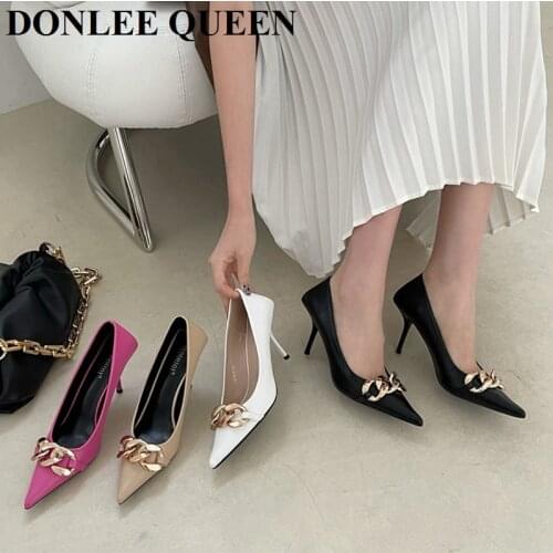 2021 Fashion Pointed Toe Thin High Heels Shoes Women Elegant Pumps For Party Dress Shoe Metal Chain Decoration Zapatillas Mujer