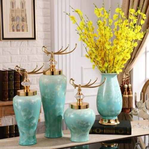 Modern Luxury Retro Vase Ceramic Ornaments Crafts Livingroom Flower Arrangement Dried Fake Flower Pot Home Furnishing Decoration