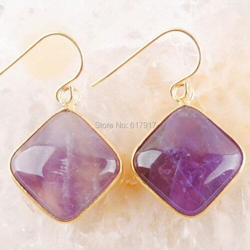 Free Shipping Natural Amethysts Gem Stone Square Earrings Pair Women Jewelry TR3095