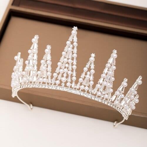 Trendy Wedding Hair Accessories Silver color Crown Pearl Crystal Headdress Bridal Hair Jewelry Lady Tiara Diadem wedding Jewelry