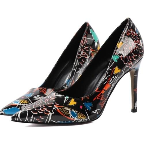 2021 Women 10cm High Heels shoes Graffiti Heels Wedding Bridal Blue Colorful Pumps Cinderella Dancer Brand Prom Dress Shoes