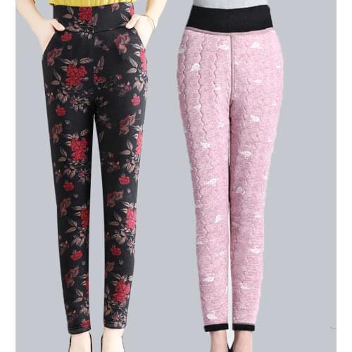 Women 2021 Winter New Thick Plus Velvet Pants Female High Waist Warm Cotton Trousers Ladies Middle-aged Printed Leggings E465