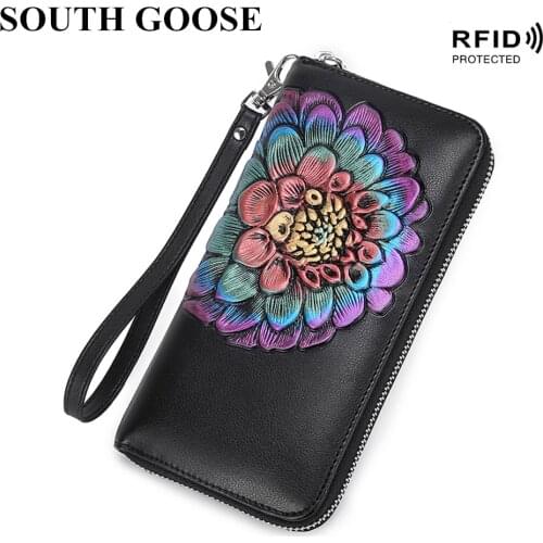SOUTH GOOSE Genuine Leather Women Wallet High Quality Long RFID Blocking Clutch Wallet Carving&Painting Female Wrist Strap Purse