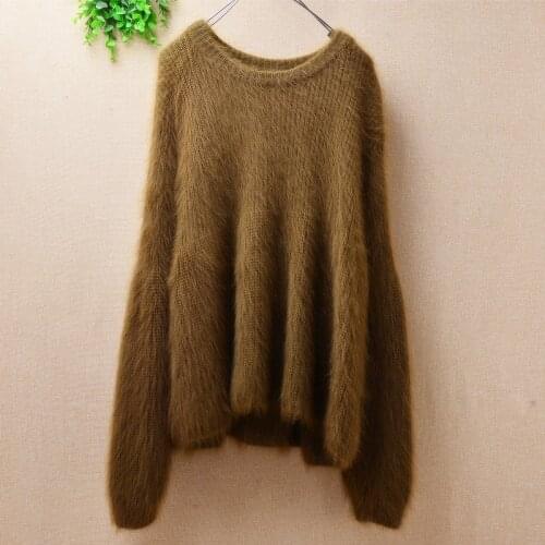 NEW Loose oversize Sweater Lady Knitted clothes Angora Rabbit Fur knitted Long Sleeve O- Neck Mink Cashmere Pullover