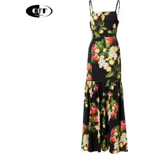 Designer Runway Summer Sexy Spaghetti Strap Maxi Dresses Women Floral Black Elegant Beach Boho Sleeveless Party Evening Dresses