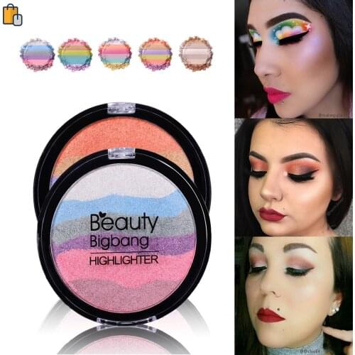 BEAUTYBIGBANG Rainbow Highlighter Powder Palette Face Contour Makeup Soft Mineral Face Cosmetic Palette Eye Shadow Palette W09