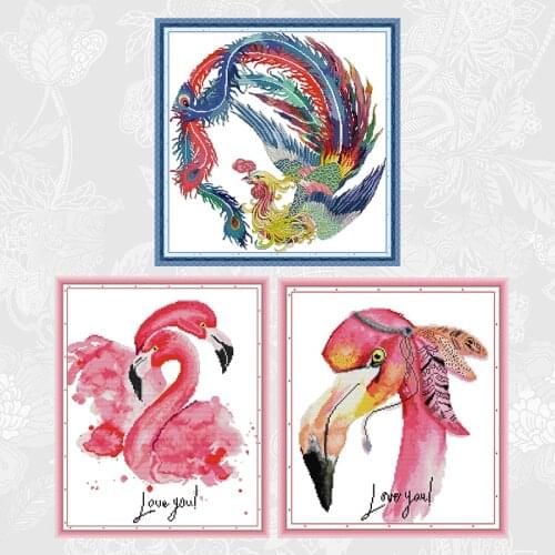Auspicious Phoenix and Flamingo Cross Stitch Animal Patterns DMC Embroidery Thread Sets DIY Handmade Home Decoration Crafts