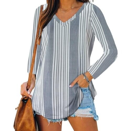 40# Striped Printed Vintage V Neck Blouses Womens Long Sleeve Tops Loose Casual Tee Shirt Blouses Blouse Блузка Женская 2021