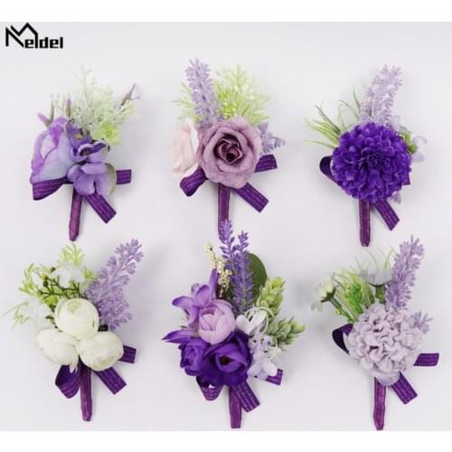 Meldel Boutonniere Bride Wrist Corsage Groom Wedding Boutonniere Artificial Flower Girl Bracelet White Purple Wedding Corsages