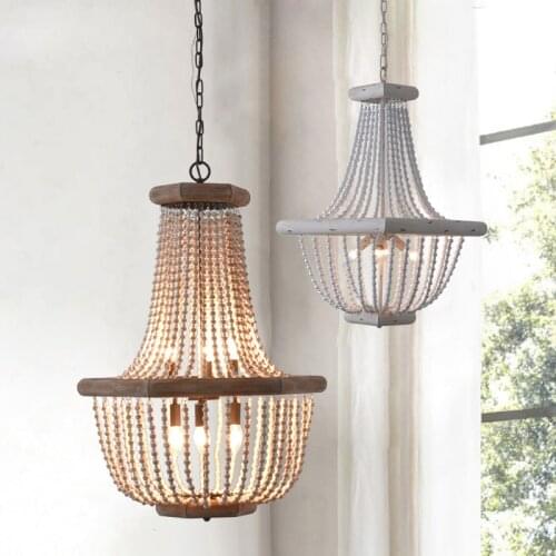Wooden bead chandelier white childrens room bedroom American country living room art homestay dining room lamp