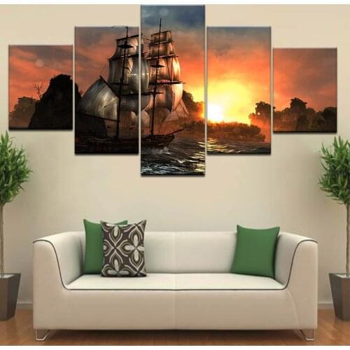 HD Prints Pictures Modular Canvas Wall Art Frame 5 Pieces Sunset Sailboat Seascape Paintings Home Decor Boat Sailing Posters