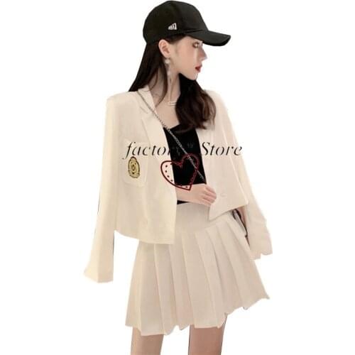 Short Blazer High-Waisted A Word Pleated Skirt Suit Autumn College Wind Fashion Female Young Style Notched