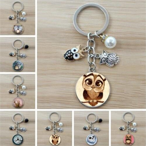 Cute charm owl keychain convex glass owl keychain, male and female accessories