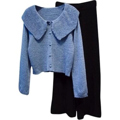 Fashion Sweater suits Womens spring New high quality Knit Cardigan Jacket + High Waist Wide Leg Pants Two-Piece suits Womens