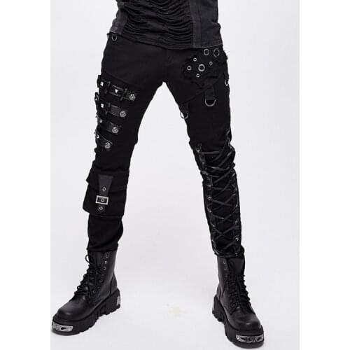 Punk Steampunk Mens Pants Black Long Pants Rivets Metal Buckles Cross Straps Performance Trousers Men Fashion Clothing