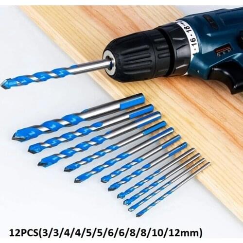 12PCS Drill Bits Set 3/4/5/6/8/10/12mm Multifunctional Drill Ceramic Glass Punching Hole Drill Woodworking Drill Bits Power Tool