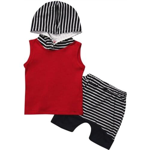 0-4Y Toddler Kids Baby Boy Clothes Sets Sleeveless Hooded Tops+Striped Pants 2pcs Summer Outfit