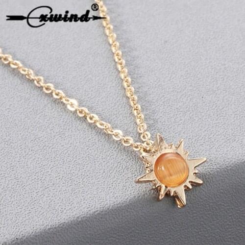 Cxwind Fashion Crystal Stone Lucky Sun Flower Gold Color Pendant Necklace for Women Statement Necklaces Vintage Jewelry Gift
