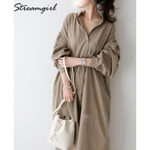 Streamgirl Long Dress Shirt Women Spring Long Sleeve Shirts Dresses For Women Cotton Loose Comfortable Solid Shirt Dress 2021