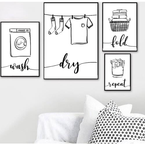 Self-adhesive Wall Sticker Black White Laundry Wall Art Modern Wash Dry Fold Repeat Sign Poster Painting Bathroom Home Decor