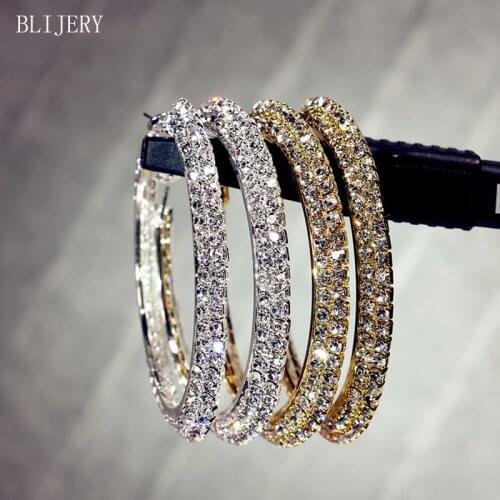 BLIJERY Gold/Silver Color Rhinestone Hoop Earrings For Women 2 Layers Crystal Big Round Circle Earrings Evening Party Jewelry