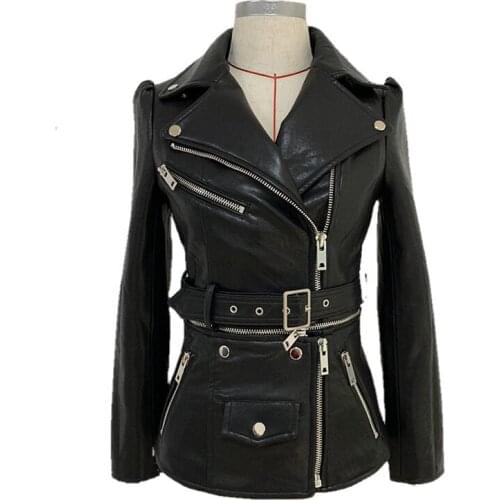 High Quality 2021 British Women Jackets Removable Hem Inclined Zipper Leather Coat Slim Long Sleeve Belt Office Lady Coats