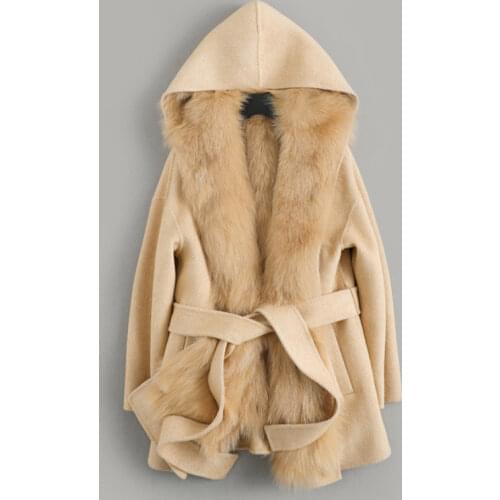 Women Real Wool Fur Coat Jacket Lady Female Natural Fox Fur Lining With Hood Winter Long Double Face Coats Parka Trench Z19168