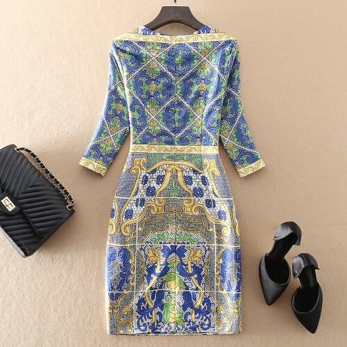Fashion Women Runway Half Sleeve Designer High Quality Jacquard Flower Print Blue Vintage Knee Party Dress