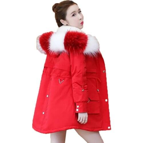 Winter Mid Long Cotton Women Windbreakers Jacket Big Fur Collar Loose Waist Thick Padded Ladies Coats Female Overcoat Parka R202