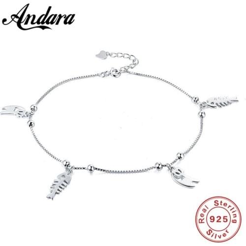 100%925 Sterling Silver Anklet Fish Bone Multi Pendant Silver Anklet Woman Summer Accessories Jewelry