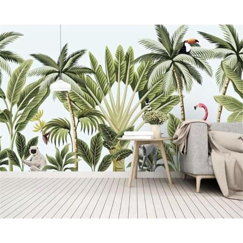 Beibehang Customize 3d wallpaper Hand painted rainforest banana leaf flamingo wallpaper mural living room background wallpaper
