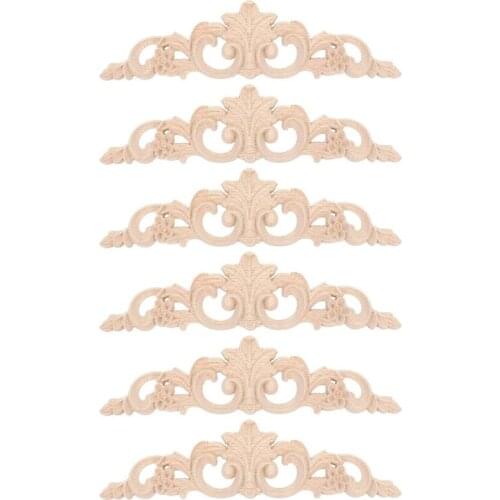 6Pcs Onlay Wood Mouldings Wood Applique Wood Decal Carved Unpainted Long Flower Rubber Wood Corner Furniture